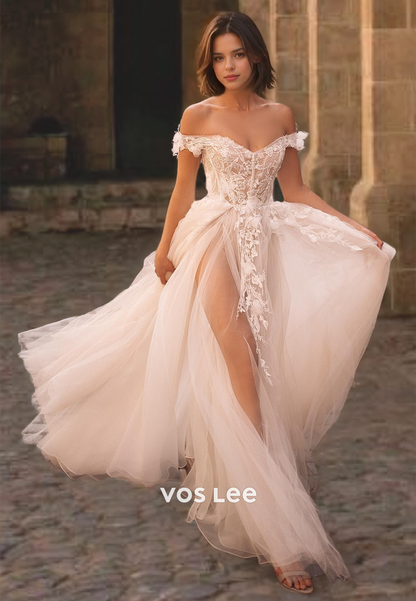 Sweetheart Off-Shoulder Appliqued Wedding Dress Tulle A-Line Zipper Back Bride Gown with Slit