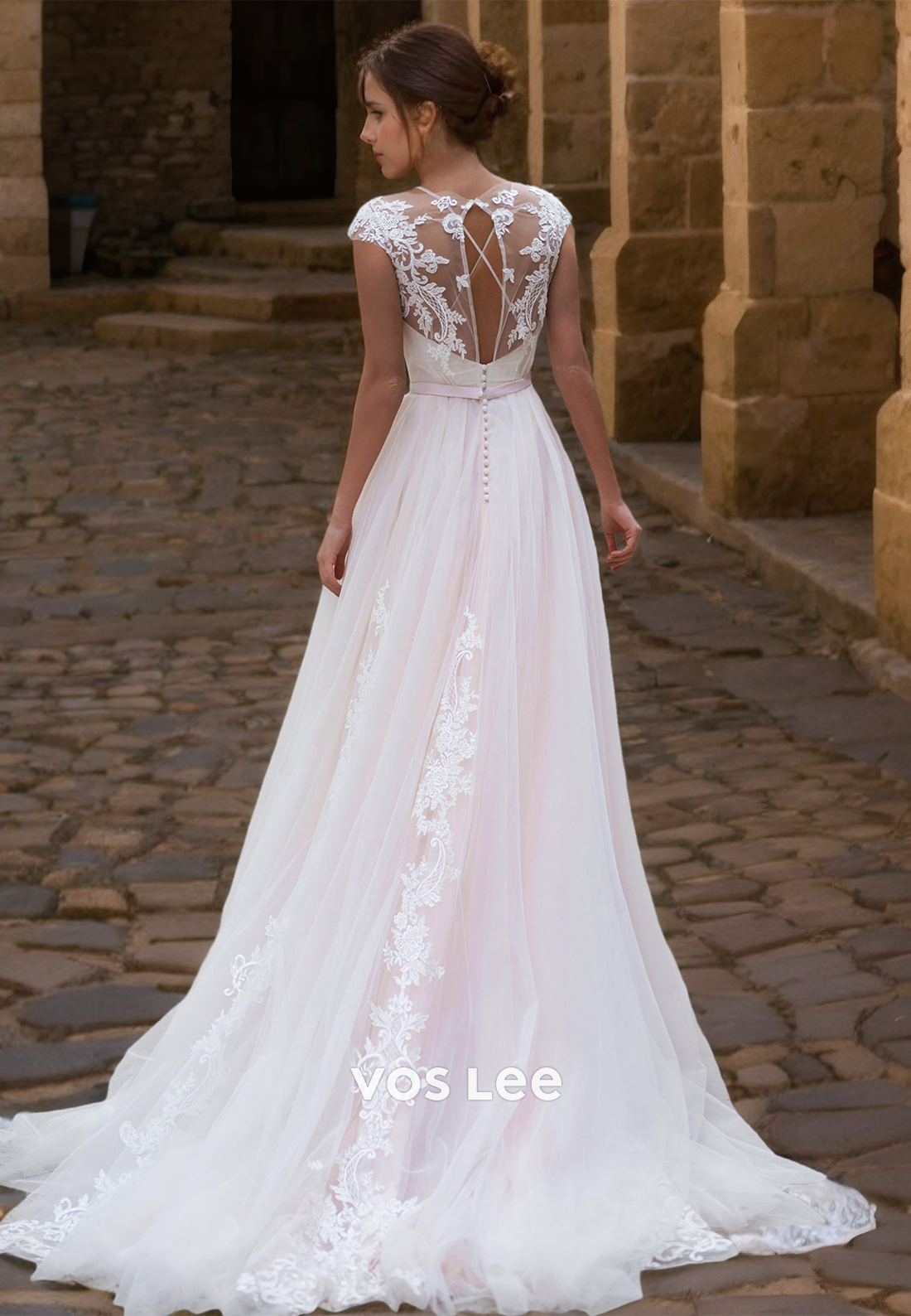 Modest Cap Sleeves V Neck A-Line Lace Appliques Lace Up Tulle Wedding Dress