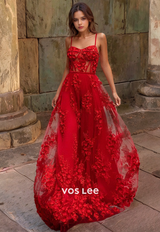 Red Lace Tulle Zipper Back Prom Dress with Spaghetti Straps Classic Sweetheart Quinceanera Dresses