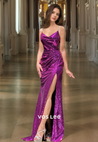 Charming Column V Neck Spaghetti Straps Sleeveless Purple Satin Sparkly Prom Evening Dress with Split