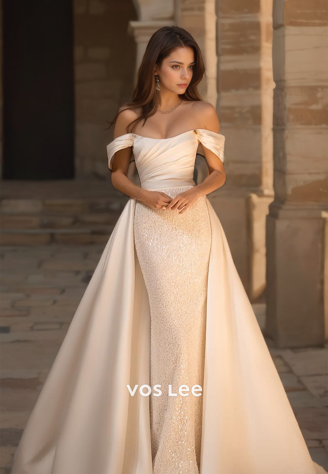 Stunning Scoop Satin Formal Wedding Gown Off-Shoulder Giltter A-Line Bride Dress Long Train