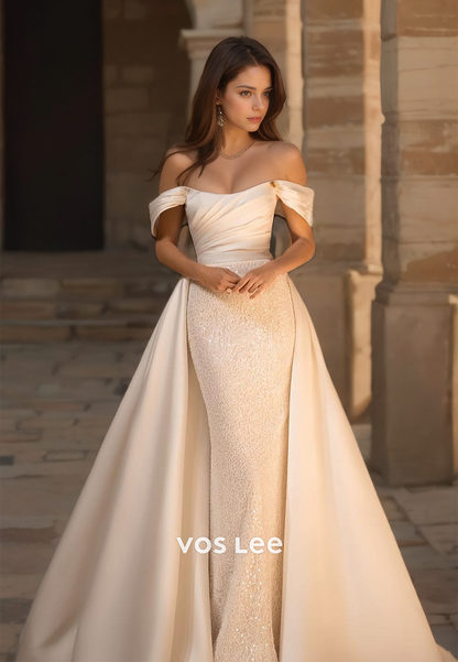 Stunning Scoop Satin Formal Wedding Gown Off-Shoulder Giltter A-Line Bride Dress Long Train