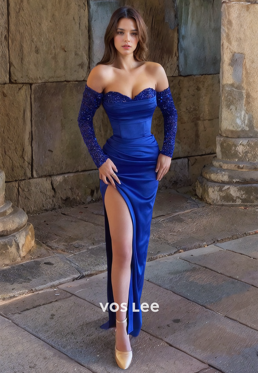 Royal Blue Sweetheart Satin Prom Dress with High Split Sequined Long Sleeves Party Dresses