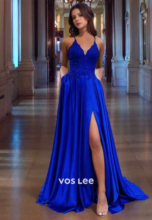 V-Neck Satin Corset Back Formal Dress Appliqued Royal Blue Prom Gown with Spaghetti Straps