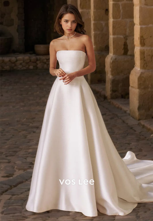 Simple Tube Top Strapless A-Line Court Train Draped Satin Wedding Bride Dress