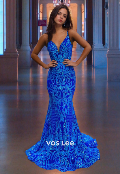 Luxury Royal Blue Mermaid Evening Prom Dress Lace Spaghetti Straps Zipper Back Party Outfits