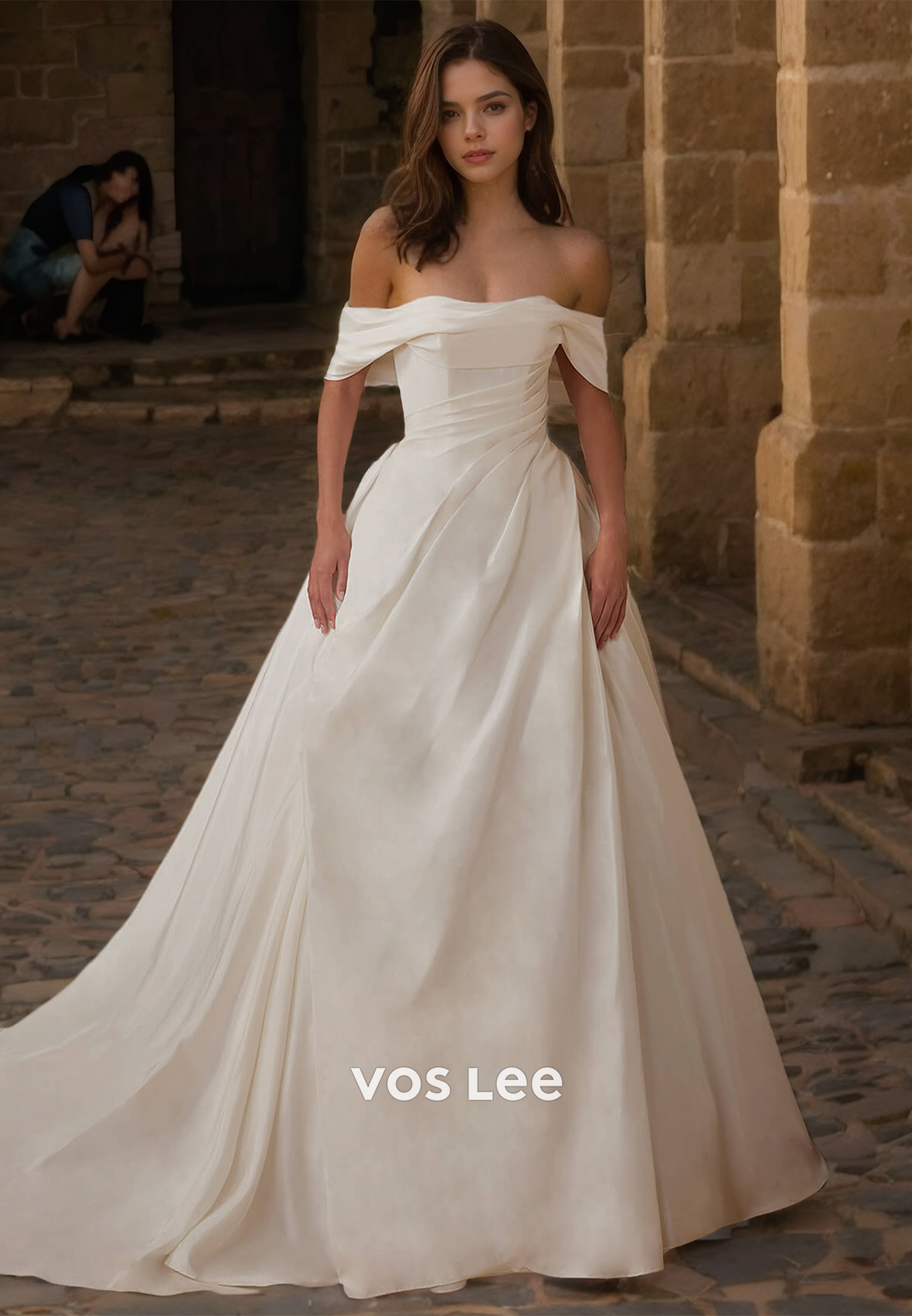 Elegant Off-Shoulder A-Line Draped Court Train Wedding Down