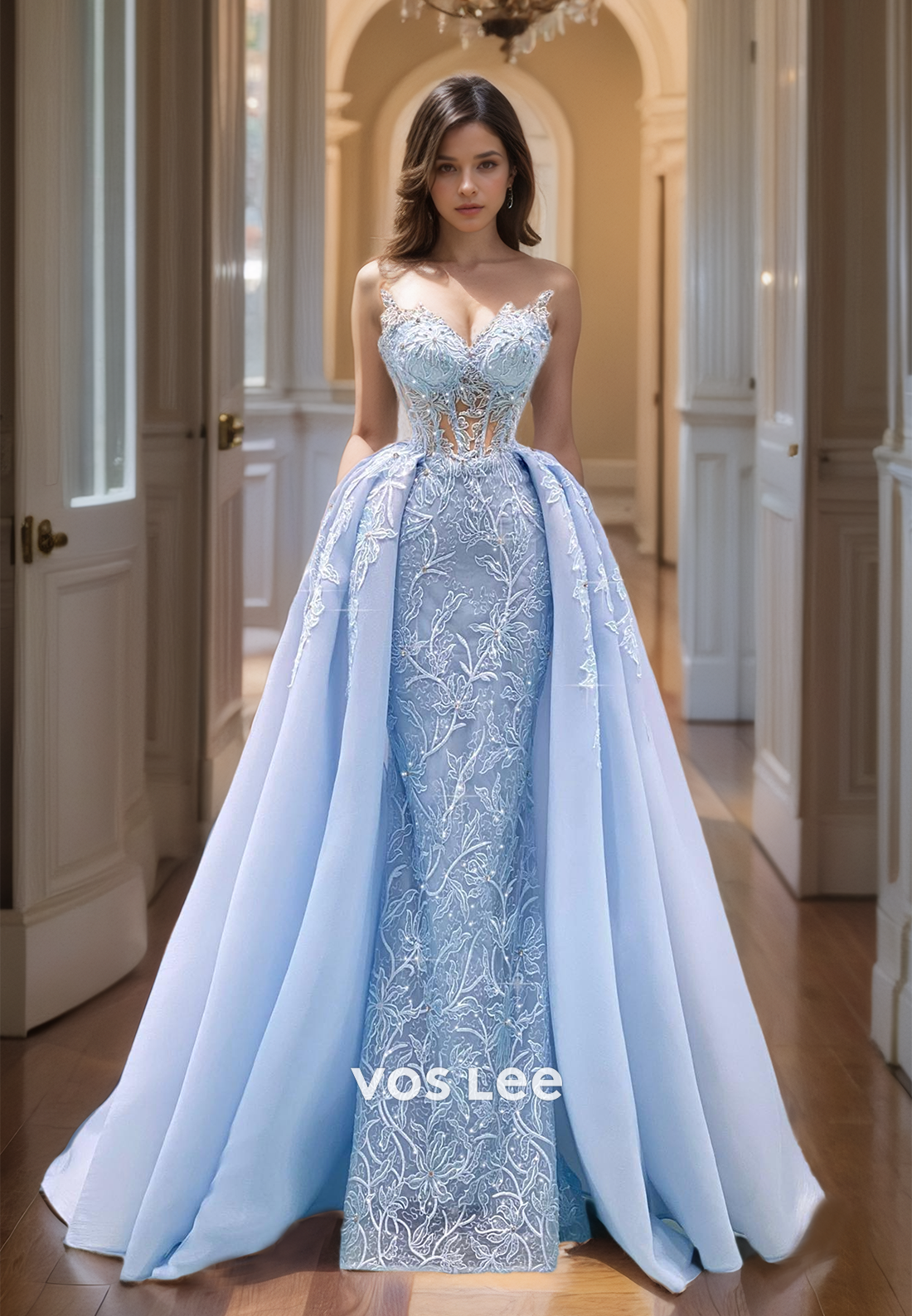 Gorgeous A-Line Light Blue Lace Prom Dress Strapless Appliqued Organza Long Evening Prom Gown