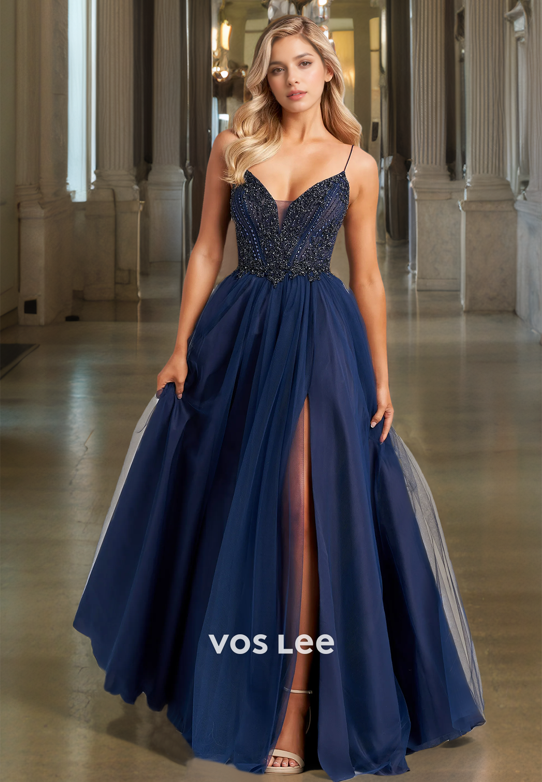 Sexy Plunging V Neck Illusion Lace Up Beaded High Split Sweep Train Tulle Prom Evening Dress