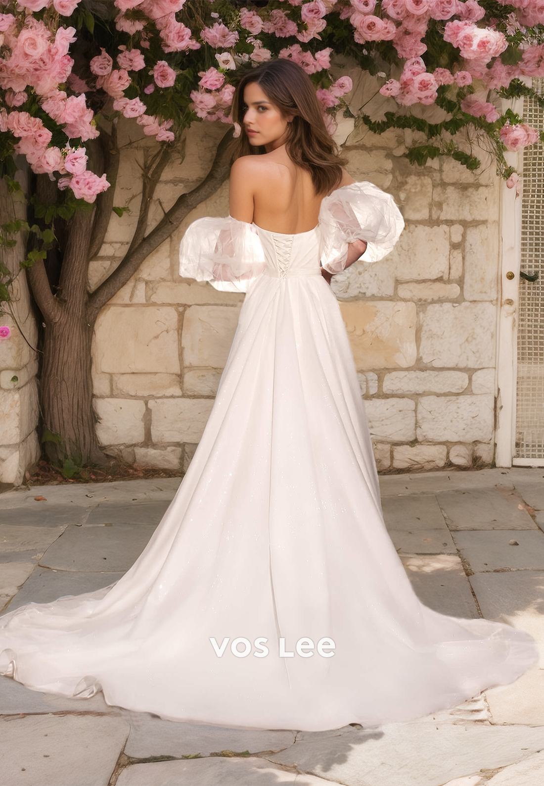 Fancy A-Line Sweetheart Formal Wedding Dress Off-Shoulder Floor Length Wedding Gown with Lace Up