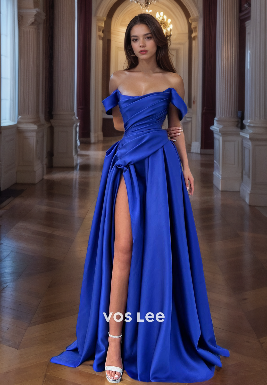 A-Line Satin Off-Shoulder Pleated Prom Dresses Royal Blue High Slit Formal Occasion Dress