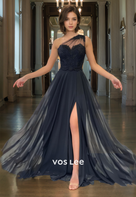 A-Line One Shoulder Sweep Train Cutout Tulle Prom Dress with Applique Lace