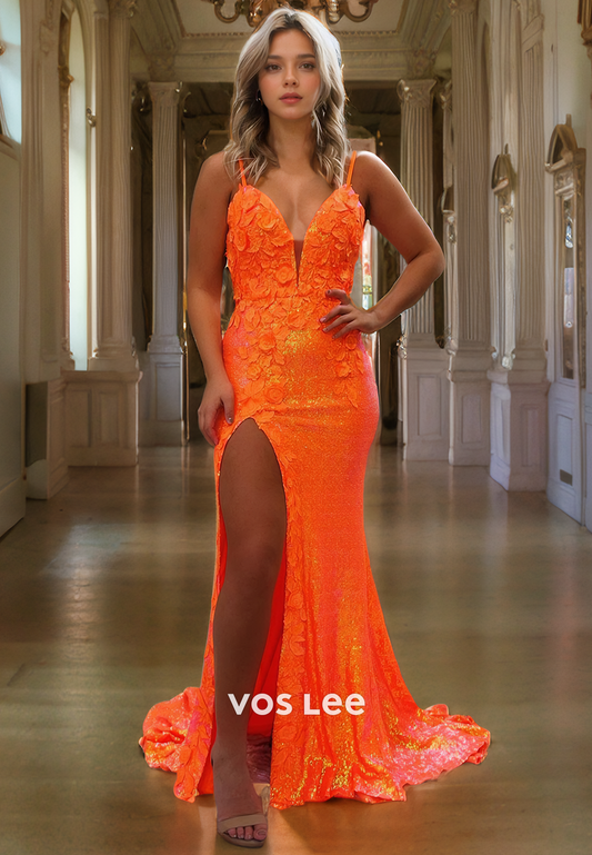 Sparkly Orange V-Neck Evening Party Dress Spaghetti Straps Mermaid Backless Prom Dress