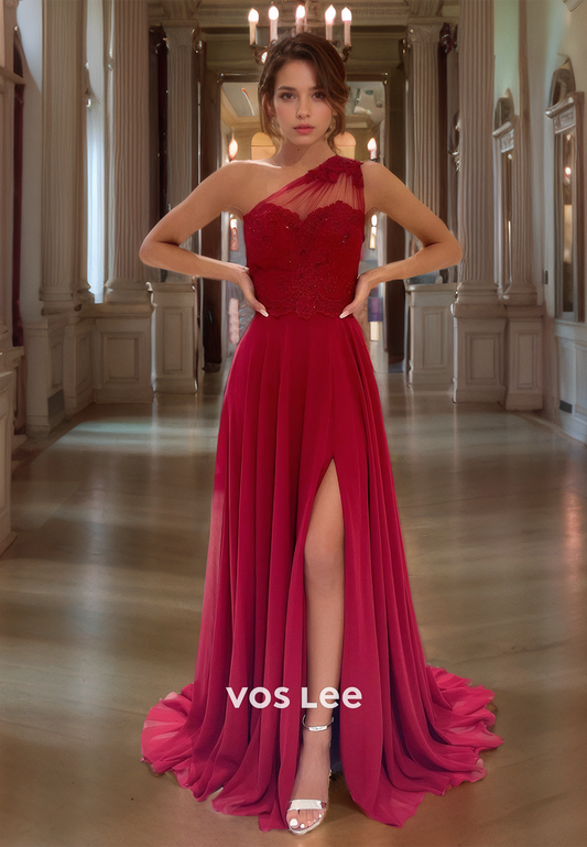 A-Line One Shoulder Cutout Sweep Train Burgundy Tulle Prom Dress with Lace Appliques