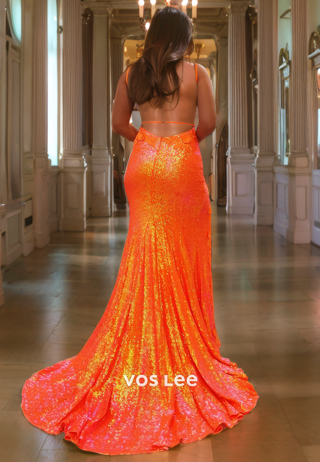 Sparkly Orange V-Neck Evening Party Dress Spaghetti Straps Mermaid Backless Prom Dress