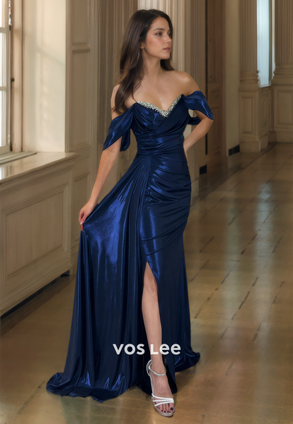 Charming Off Shoulder Column Side Split Draped Beaded Long Satin Prom Formal Dress