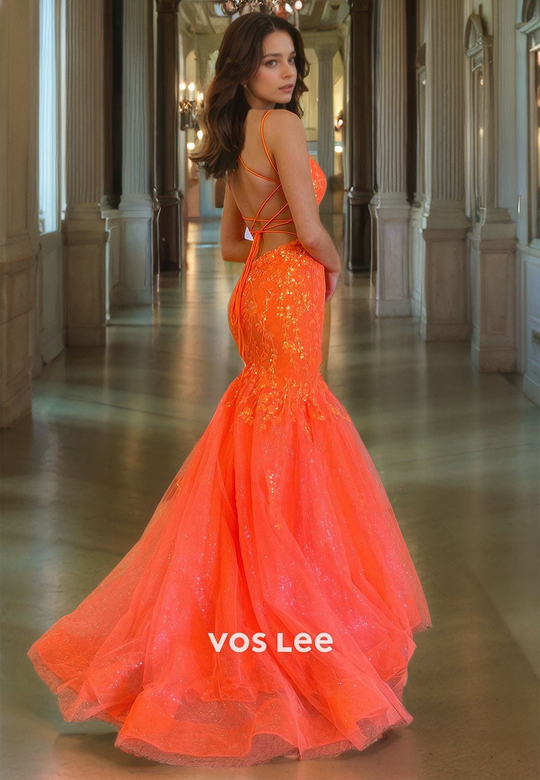 Luxurious V Neck Orange Mermaid Prom Gown Floor Length Lace Up Quinceanera Dress with Appliques