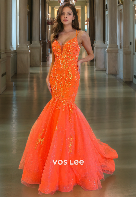 Luxurious V Neck Orange Mermaid Prom Gown Floor Length Lace Up Quinceanera Dress with Appliques