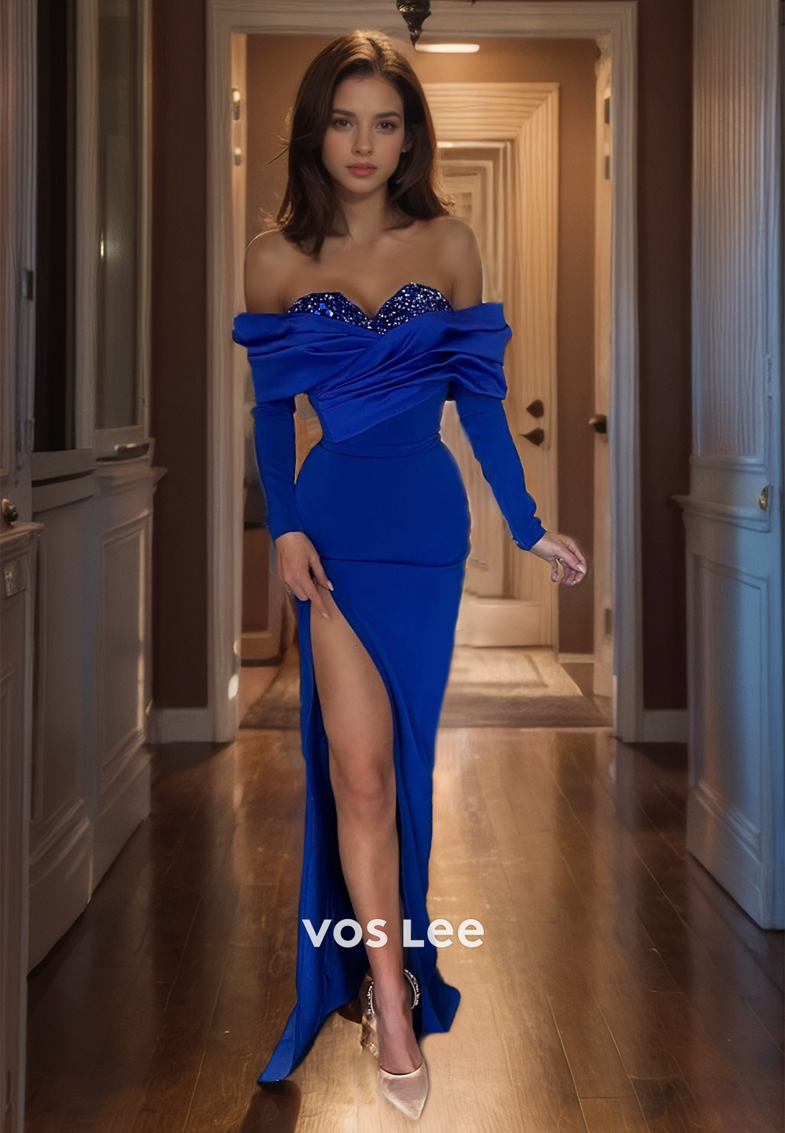 Sweetheart Elegant Satin Royal Blue Prom Dress Full Sleeves Side Slit Party Dresses