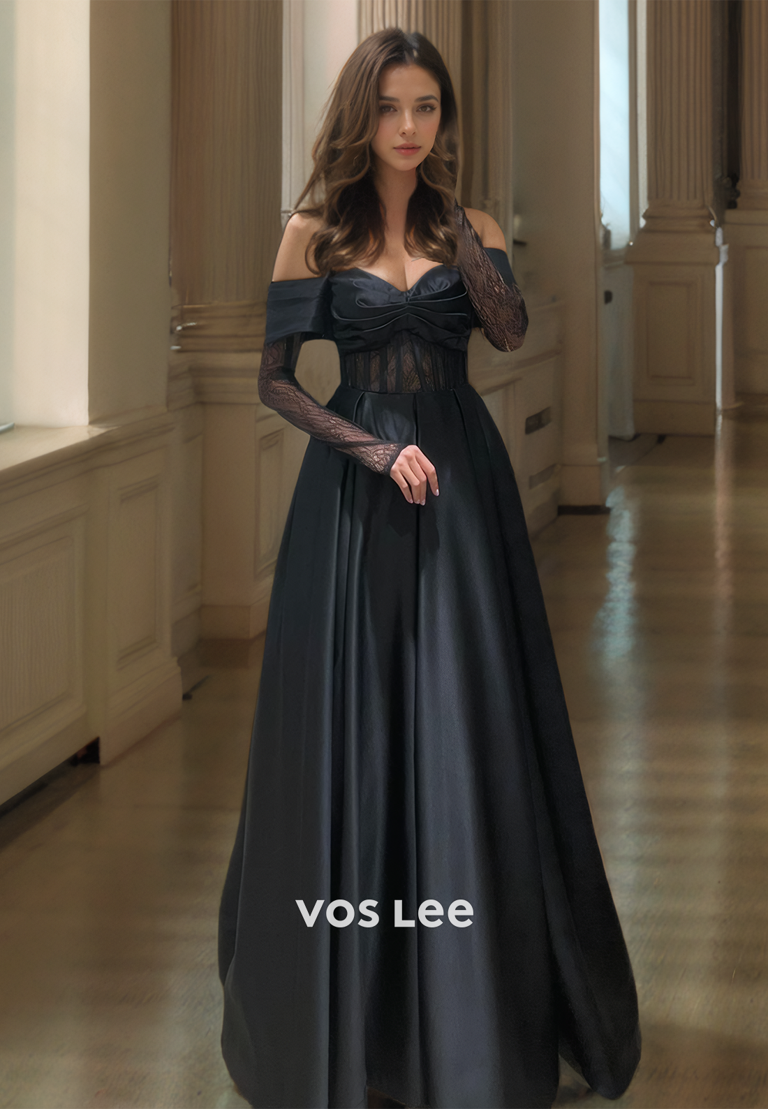 Elegant A-Line Off Shoulder Illusion Long Sleeves Satin Prom Formal Dress