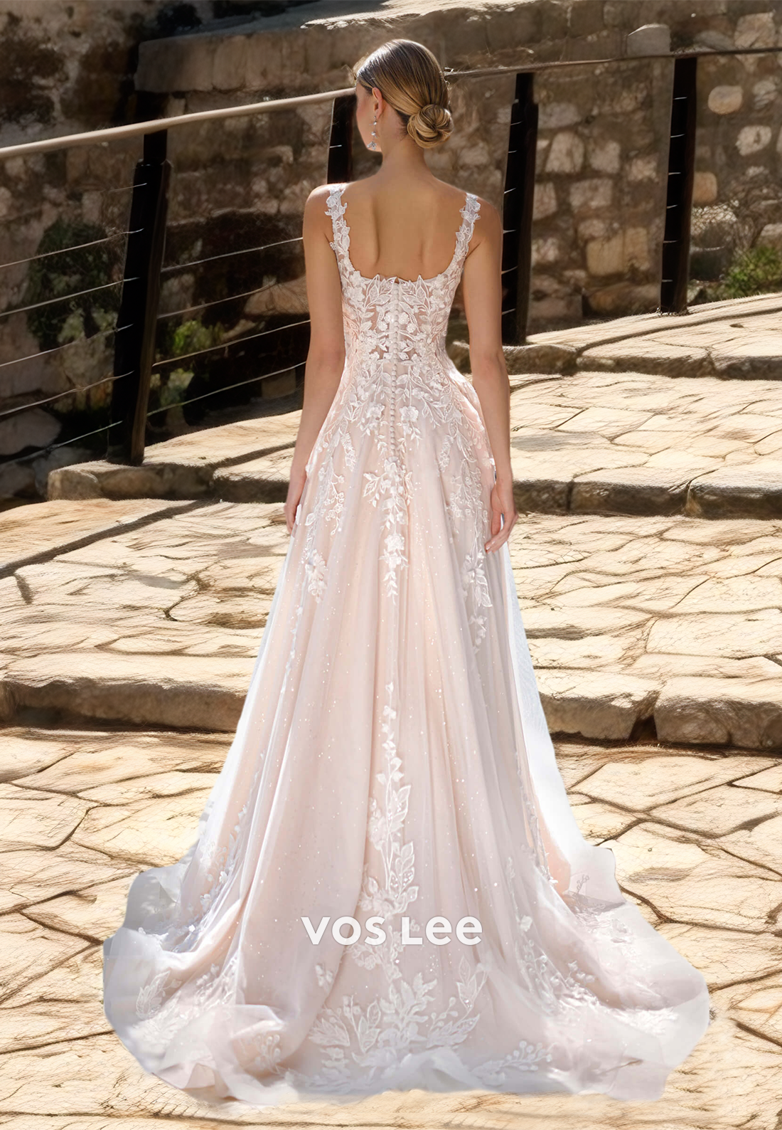 Ornate A-Line Spaghetti Straps Back Zipper Square Neck Sweep Train Tulle Wedding Dress