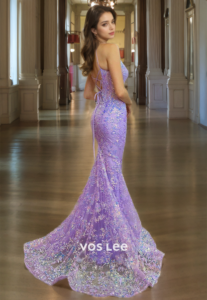 Stunning Spaghetti Straps V Neck Lilac Prom Gown Corset Back Mermaid Formal Occasion Party Dress