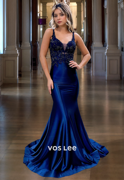 Luxury V-Neck Mermaid Formal Prom Dresses Backless Satin Evening Dress with Spaghetti Straps