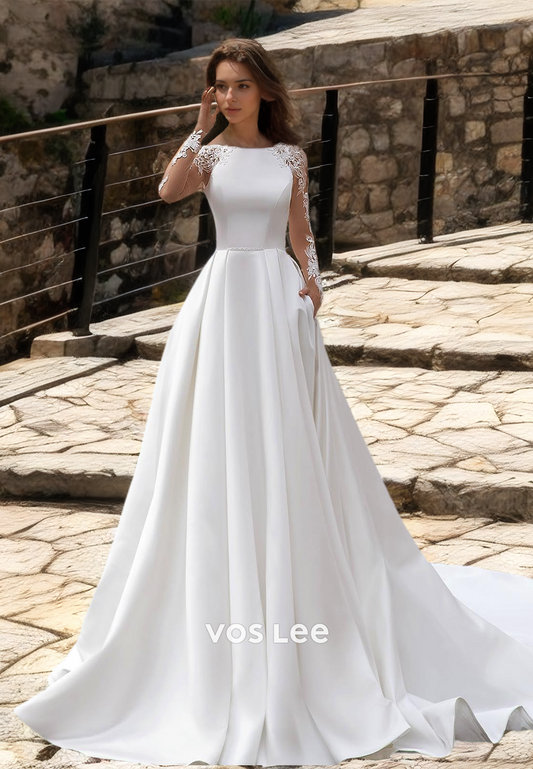 Elegant Long Sleeves Bateau A-Line Lace Appliques Pleated Court Train Satin Wedding Gown