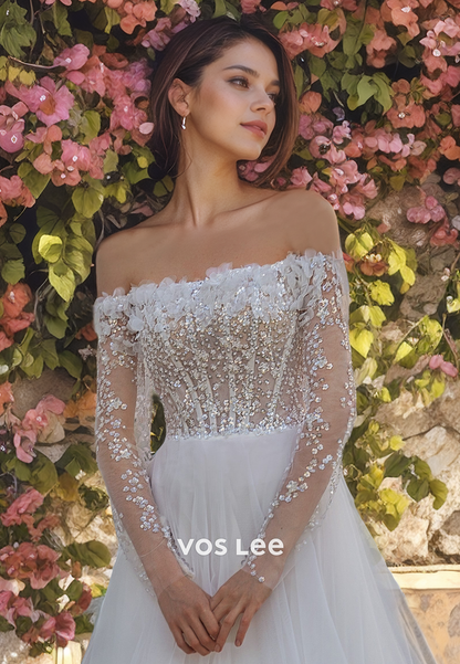 Romantic Off Shoulder Iluusion Seqiun&Lace Top A-Line Long Sleeves Wedding Dress