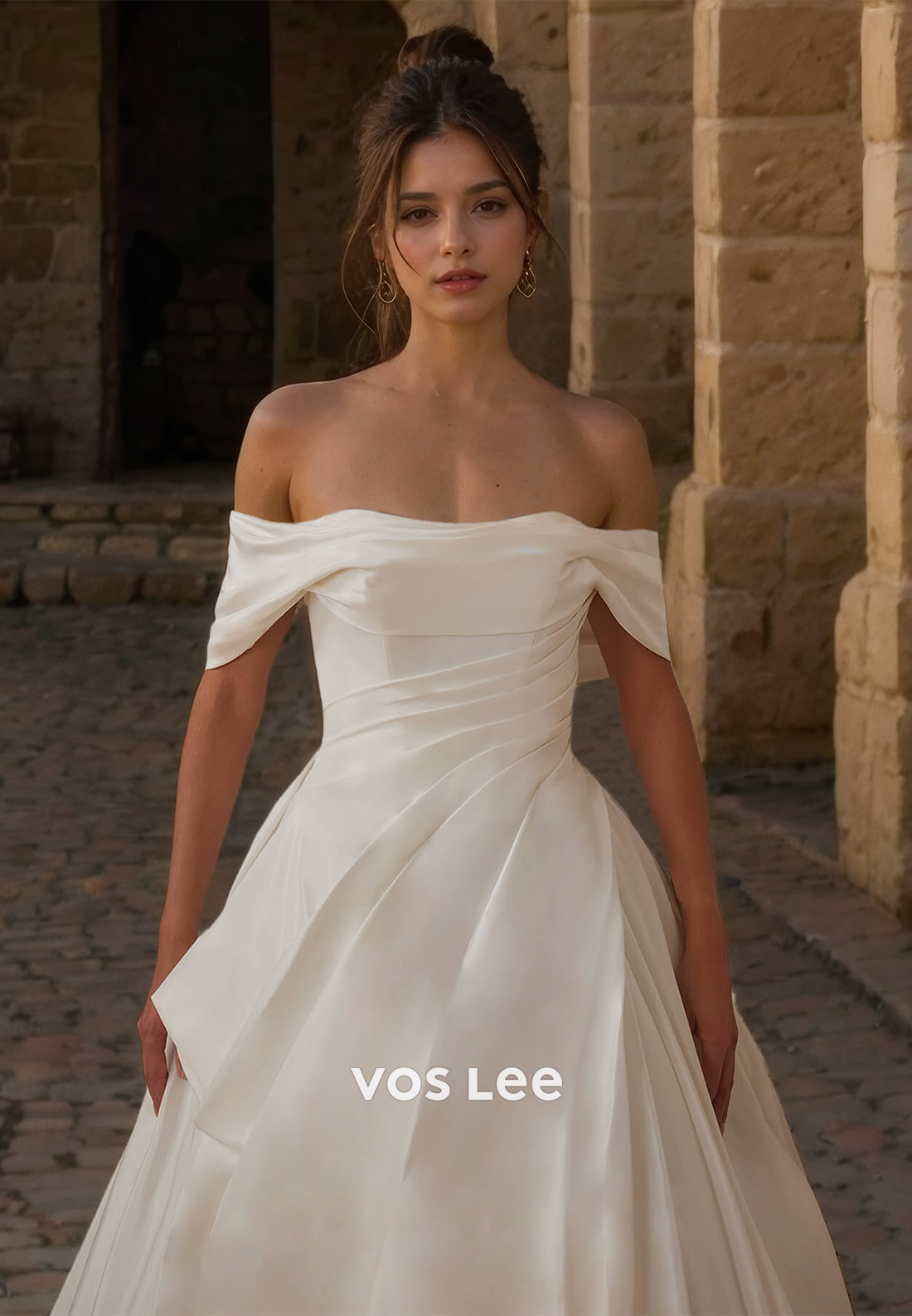 Elegant Off-Shoulder A-Line Draped Court Train Wedding Down