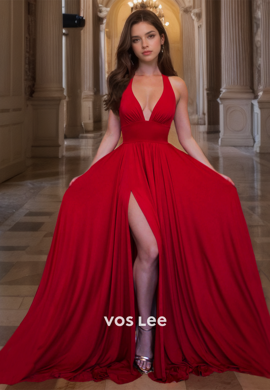 A-Line Halter Red Formal Prom Dress V-Neck Backless Floor Length Party Dress with Slit