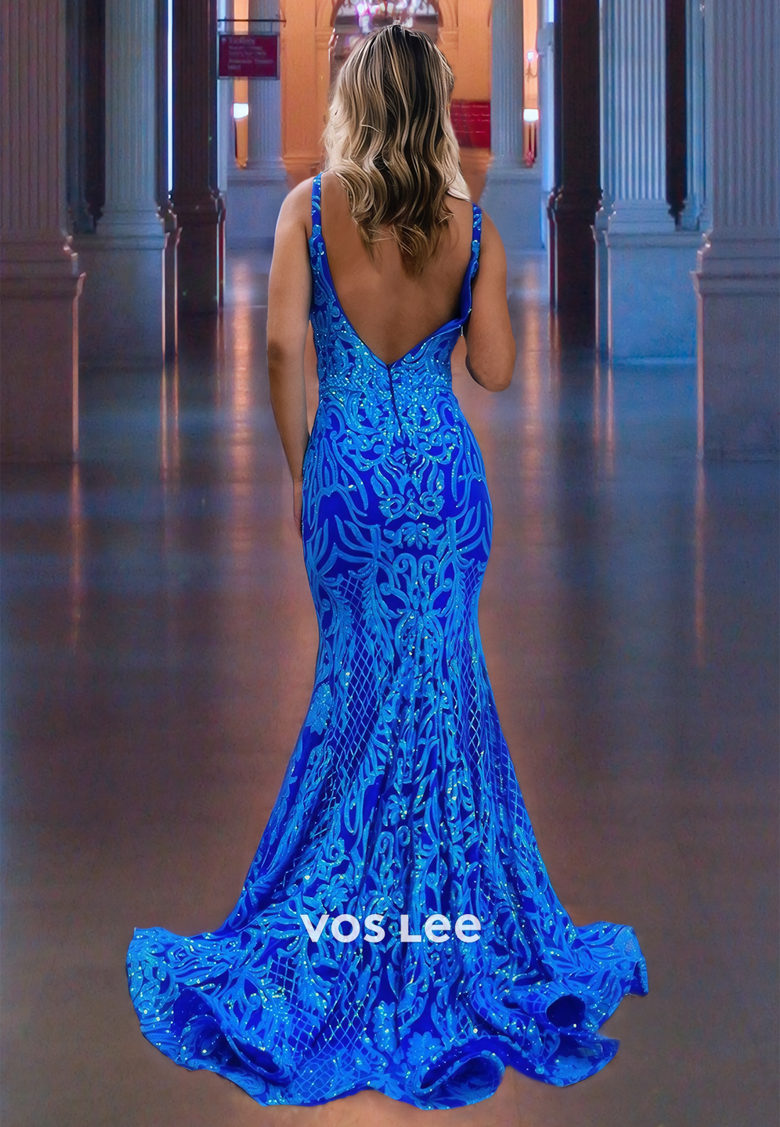 Luxury Royal Blue Mermaid Evening Prom Dress Lace Spaghetti Straps Zipper Back Party Outfits