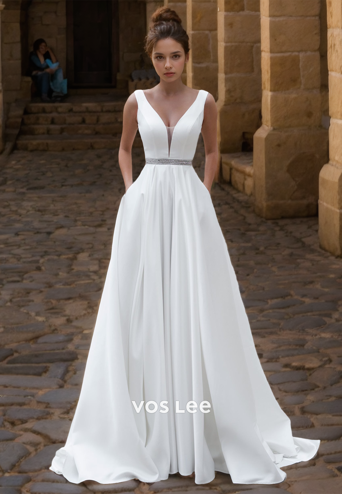 Simple A-Line Deep V Neck Backless Ruched Sleeveless Satin Wedding Dress