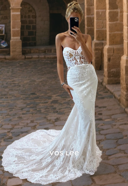 Strapless Sweetheart Lace Mermaid Wedding Dress Button Back Sweep Train Formal Bridal Gowns