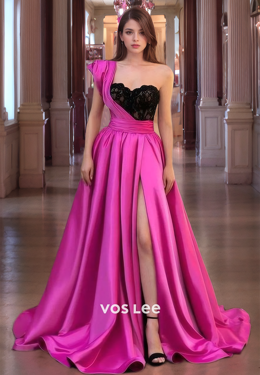 A-Line One Shoulder Satin Prom Gown with High Split Fuchsia Sweetheart Ruched Evening Party Dress