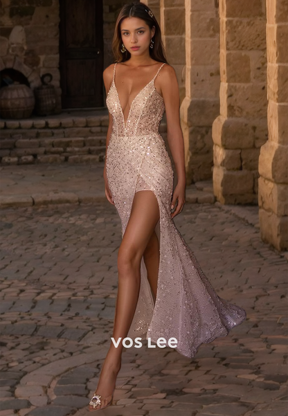 Sparkly V-Neck Sequined Wedding Dress Spaghetti Straps Sexy Long Train Bridal Formal dress with Slit