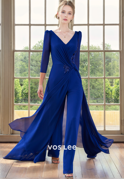 V-Neck Chiffon Mother of the Bride Pant Suits with Appliques