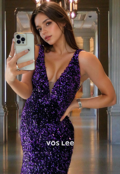 Graceful Purple V Neck Spaghetti Straps Pageant Dress Mermaid Sparkly Sequins Evening Dress