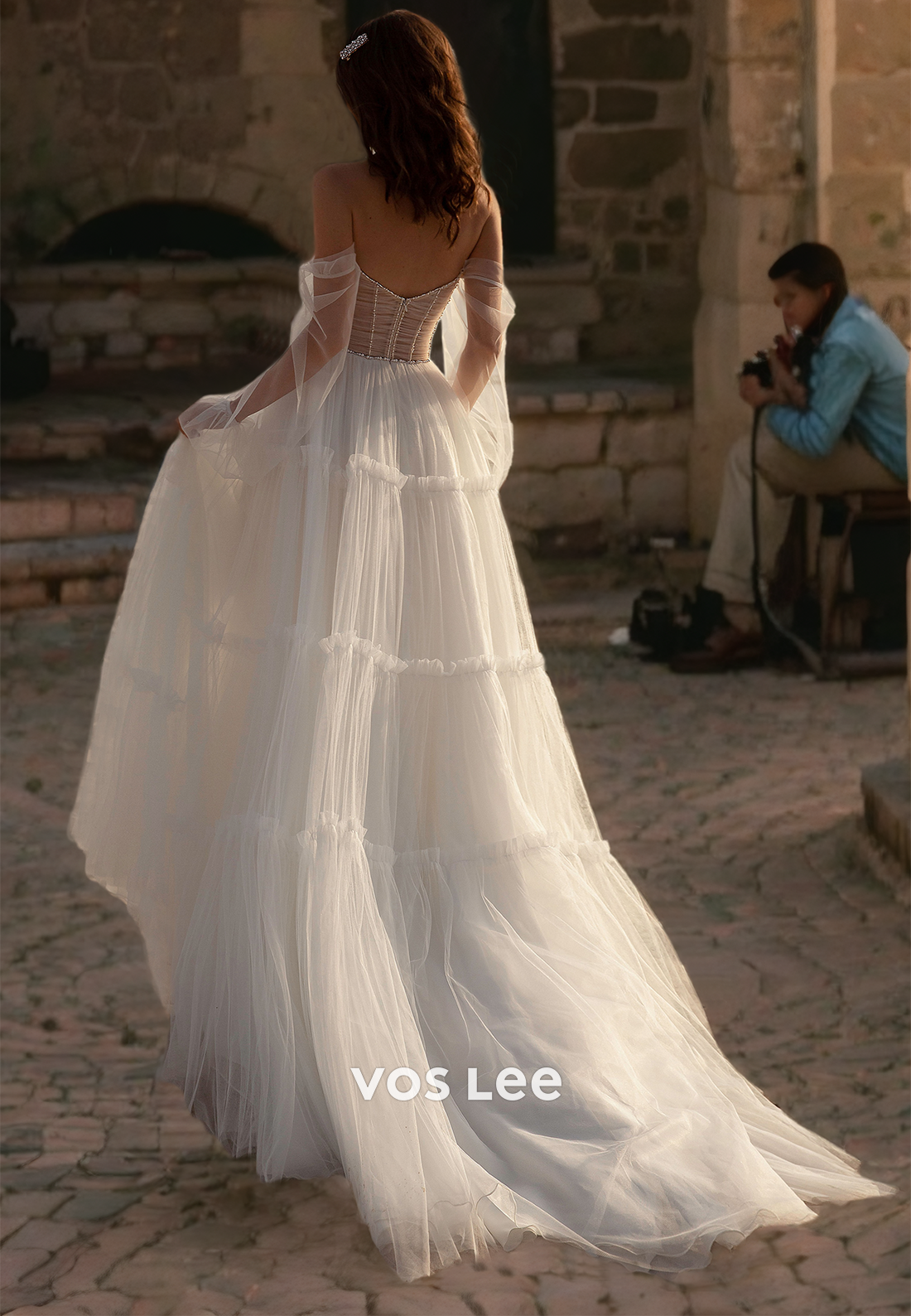 Fancy Sweetheart Tulle Wedding Dress with Long Sleeves Pleated A-Line Bride Dresses