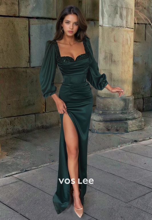 Elegant Sweetheart Dark Green Formal Occasion Dress Full Sleeves Sequins High Split Prom Dresses