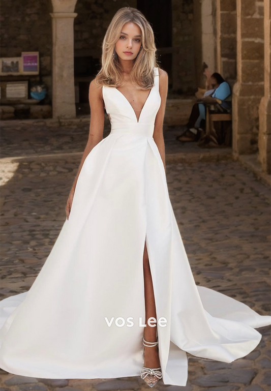 Sexy Deep V Neck A-Line Backless Side Split Court Train Ruched Satin Wedding Dress