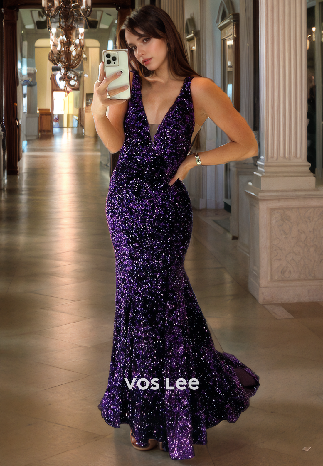 Graceful Purple V Neck Spaghetti Straps Pageant Dress Mermaid Sparkly Sequins Evening Dress