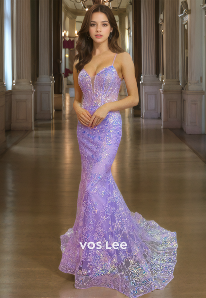 Stunning Spaghetti Straps V Neck Lilac Prom Gown Corset Back Mermaid Formal Occasion Party Dress