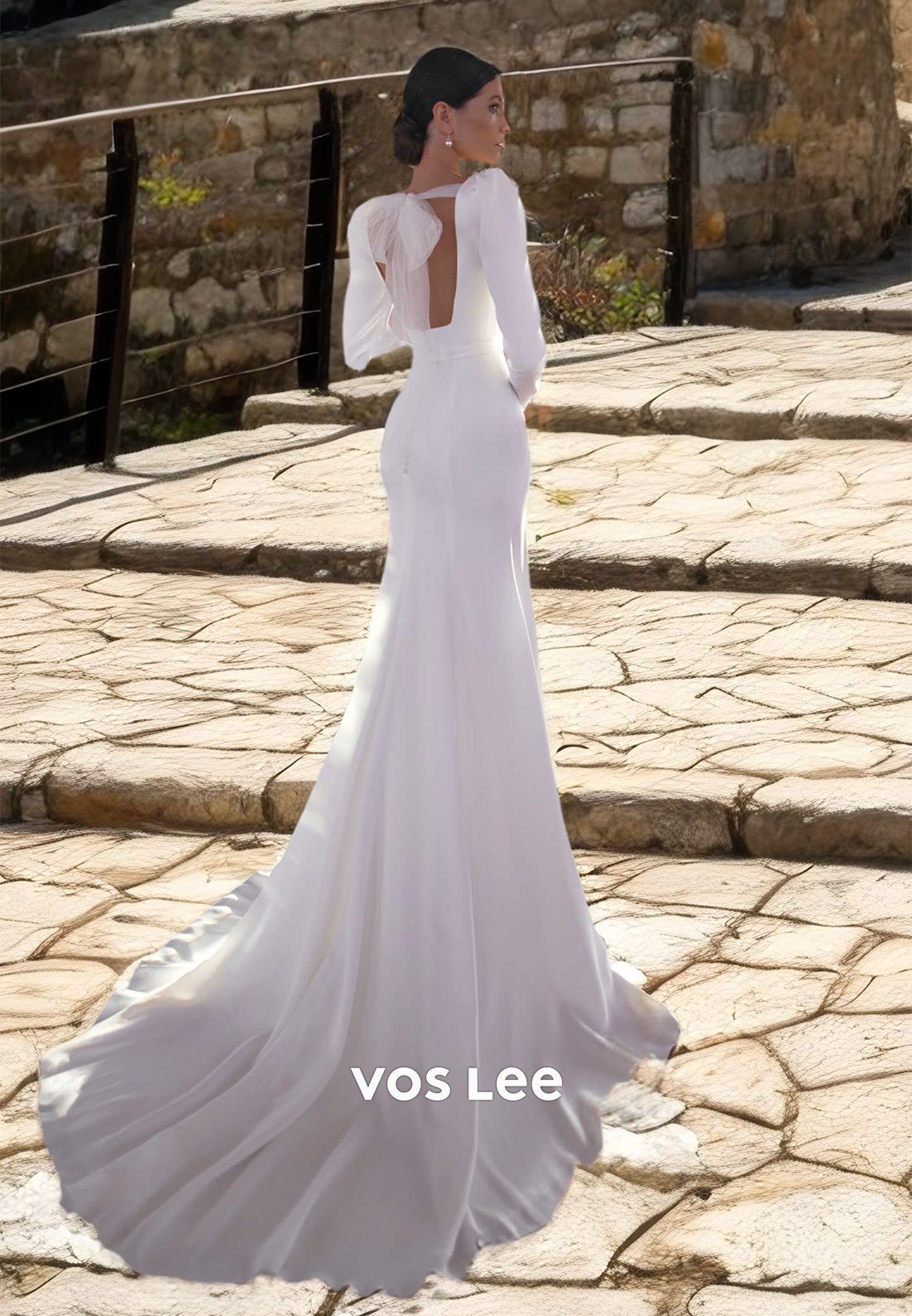 Simple Column Long Sleeves V Neck Backless Sweep Train Draped Satin Wedding Dress