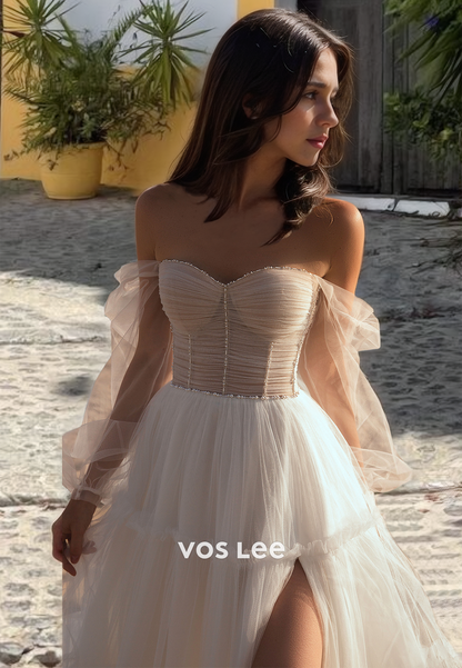 Fancy Sweetheart Tulle Wedding Dress with Long Sleeves Pleated A-Line Bride Dresses