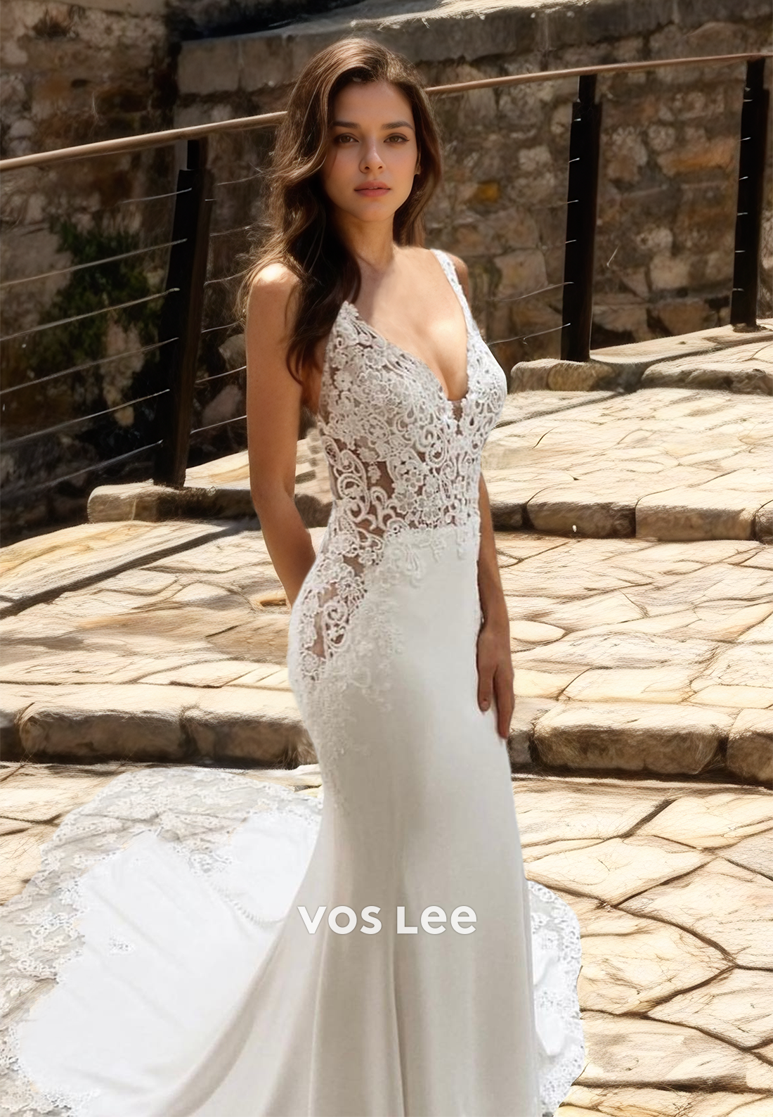 Gorgeous Sheath Deep V Neck Illusion Backless Court Train Beaded Lace Appliques Wedding Bride Gown