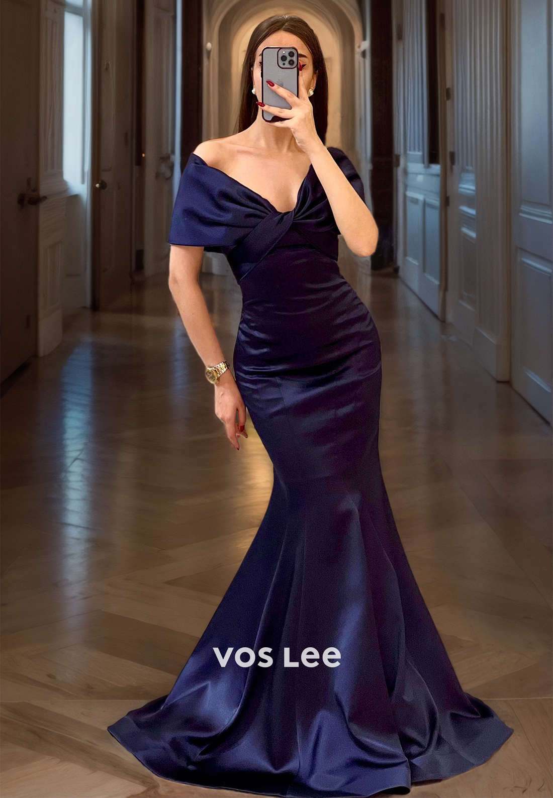 Classy V Neck Satin Purple Formal Cocktail Party Dress Mermaid Off-Shoulder Floor Length Prom Gown