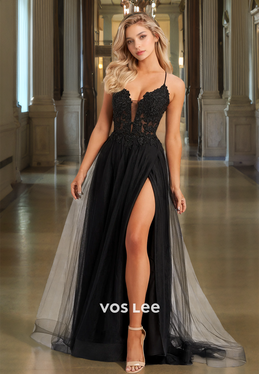 Gorgeous Deep V Neck A-Line Illusion Lace Up Appliques High Split Tulle Prom Evening Dress