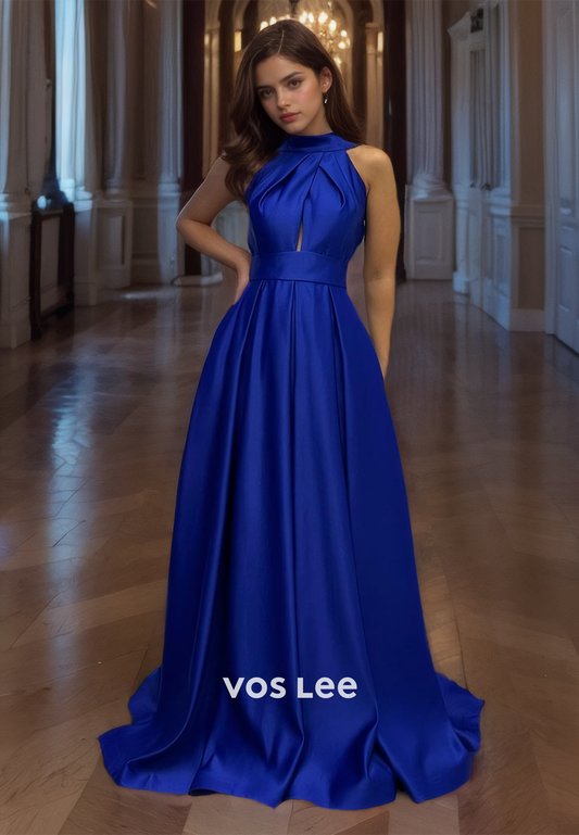 A-Line Straps Royal Blue Prom Dress Satin Backless Formal Occasion Party Evening Dreses