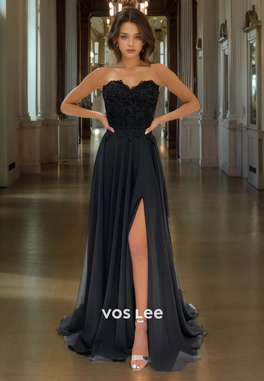 A-Line Sweetheart Strapless Sweep Train Black Tulle Prom Dress with  Applique Lace